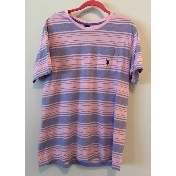 U.S. Polo Assn. Pink & Blue Striped Crew Neck T-Shirt With Pocket Large - Picture 1 of 8